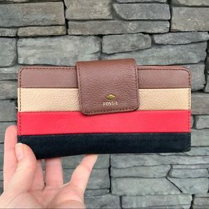 FOSSIL Brown Red Gold Black Stripe Wallet Tab Snap